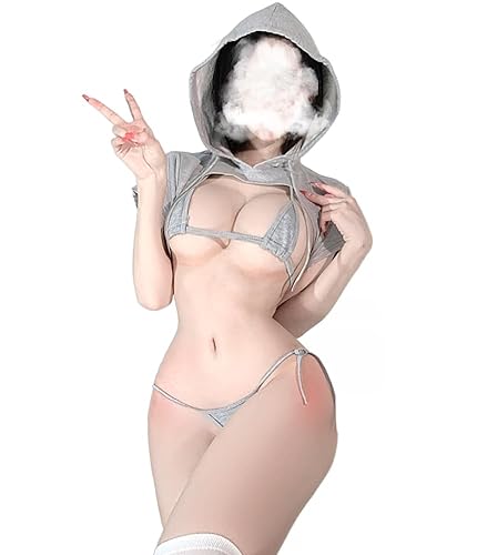 SINROYEE Japanese Lingerie Sexy Underwear Anime Set Cosplay Costumes Lolita Naughty Bikini - Grey Short Sleeved