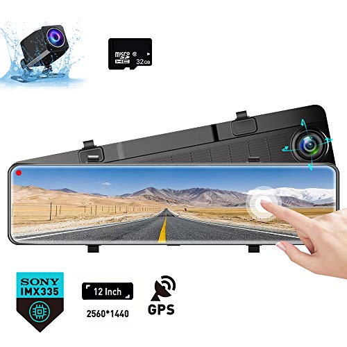 Karsuite M9 12" Mirror Dash Cam 2560x1440P Backup Camera with GPS Touch Screen
