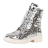 Caradise Womens Lace Up Glitter Combat Boots Chunky Heel Sequin Ankle Booties (Silver, adult, women, numeric_7, numeric, us_footwear_size_system, medium)