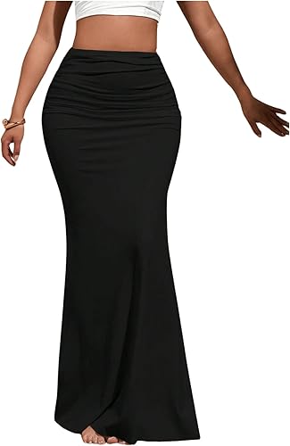 Verdusa Women's Ruched Fishtail Maxi Skirt Elastic High Waisted Long Bodycon Ski