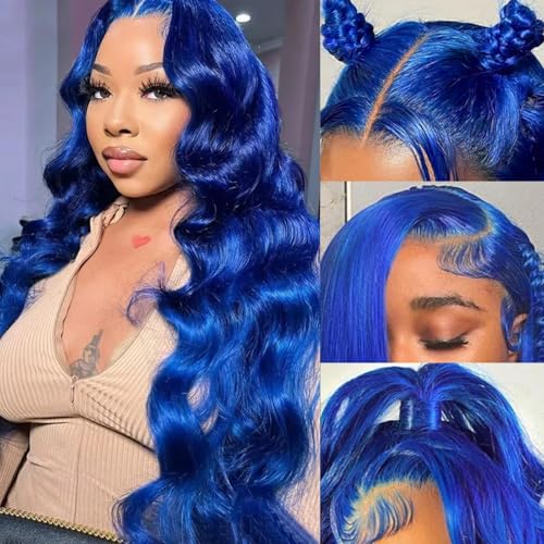 Image of Dark Blue Lace Front Wigs Human Hair 28 Inch Colored Wig 13x4 HD Transparent Body Wave Lace Front Human Hair Wig 180 Density Pre Plucked Glueless Frontal Blue Wigs for Women