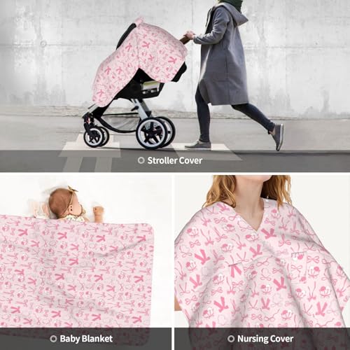 Image of Pink Bow Baby Girl Car Seat Canopy Cover, Infant Nursing Cover for Mom Nursing Covers, Bow Baby Stuff Items