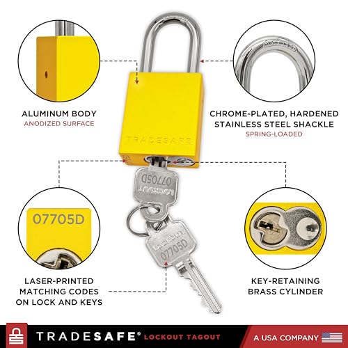 Image of TRADESAFE Lockout Tagout Locks Set - 10 Yellow Aluminum Loto Locks, Lock Out Tag Out Padlocks Keyed Alike, 2 Keys Per Lockout Padlock, OSHA Compliant