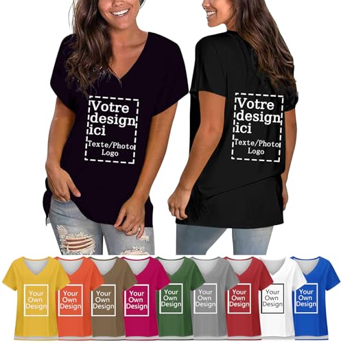 Tee Shirt Personnalisable Femme Recto/Verso avec Image, Texte et Logo – Ample T Shirt Personnalisé, Concevez Votre Propre Tshirt Col en V T-Shirt Manches Courtes Haut...
