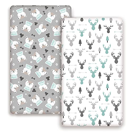 Image of GRSSDER Stretchy Ultra Soft Jersey Knit Fitted Crib Sheets Set 2 Pack, Cozy Crib Sheet Fits All Standard Crib Mattress Pads, Grey Bear for Girls and Boys