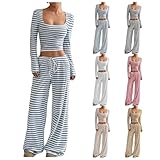 Pyjama Schlafanzug Damen Lang Streifen Zweiteiler Set Damen Gestreiftes Passendes Trainingsanzug Langarm Crop Top und Weites Bein Kordelzug Hose Rippstrick Hausanzug Loungewear Set für Frauen