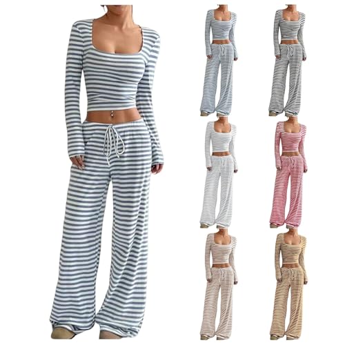 Womens 2 Piece Outfits Striped Long Sleeve Square Neck Cropped Top Drawstring Wide Leg Pants Lounge Sets Sweatsuits4