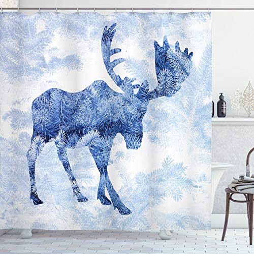 ABAKUHAUS Moose Shower Curtain, Pattern Pine Needles Spruce Tree Antlers Deer Family Snow Winter Horns