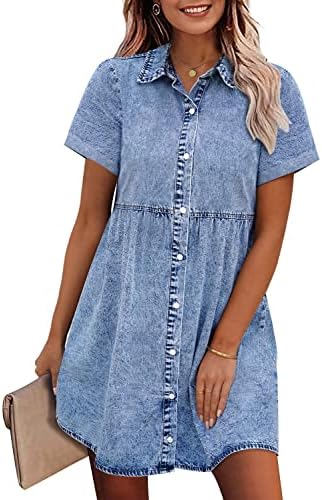 GRAPENTレディースデニムワンピースドールレイヤー半袖ボタンダウンデニムシャツワンピース