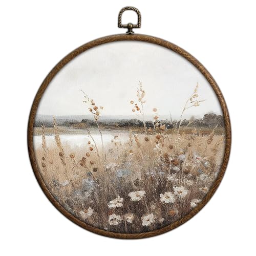 QKX Round Wall Art Decor, Floral Field Landscape...