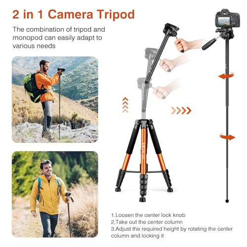 Image of Tripod for Camera, 72 inch Tall Camera Tripod & Monopod with Remote, Professional Heavy Duty Compact Camera Stand for Phone, DSLR, Spotting Scope, Telescope, Binocular