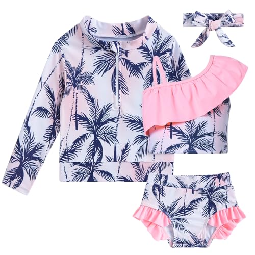 Image of Funnycokid Baby Toddler Girls Swimsuit 4 Piece Bathing Suit Long Sleeve Rash Guard Sets 12 Months-7 Years