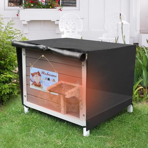 Niche pour chat d'extérieur en bois isolée résistante aux intempéries avec housse pour plusieurs chats, grise