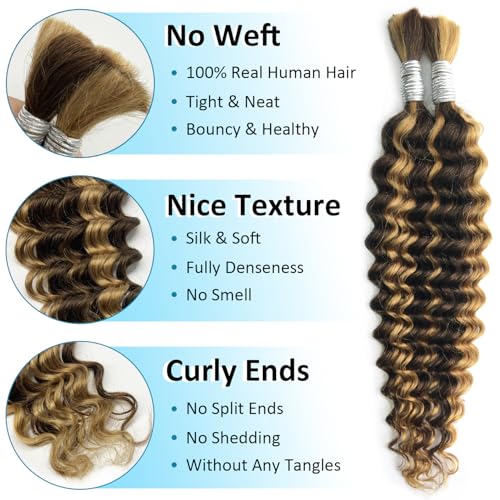 4/27 Human Braiding Hair For Boho Braids 16 Inch Deep Wave Bulk Human Hair Highlight Brown Human Hair For Braiding 100g Curly Human Hair Water Wave Human Hair For Braids - Image 3