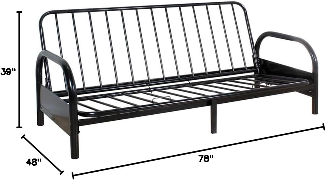Pemberly Row Modern Adjustable Metal Futon Frame, Black Finish, 78x39x48 in, Convertible Sofa to Bed, Space-Saving Durable Living Room Furniture, Contemporary Indoor Use