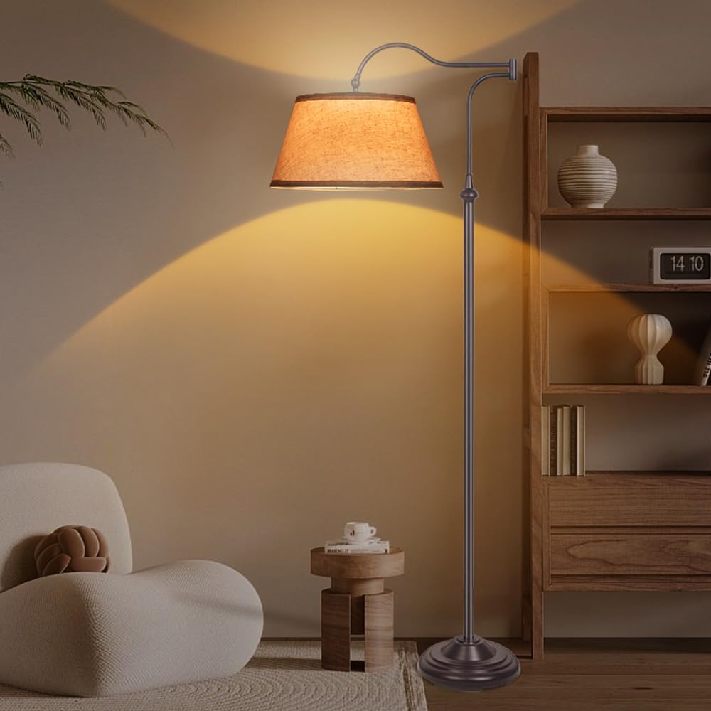 Lampa podłogowa z ramieniem obrotowym, lampy podłogowe łukowe z regulowanym ramieniem o zakresie 180° do salonu, lampa stojąca w stylu mid-century z lnianym kloszem, wysokie lampy do sypialni, salonu