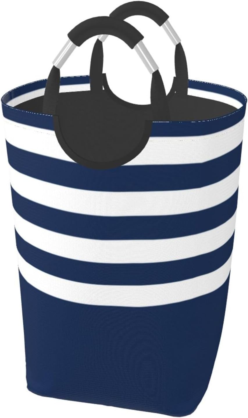 Large Laundry Basket, Navy Stripe Laundry Hamper Bag Collapsible Washing Bin With Handles for College Dorm, Family Essentials Storage