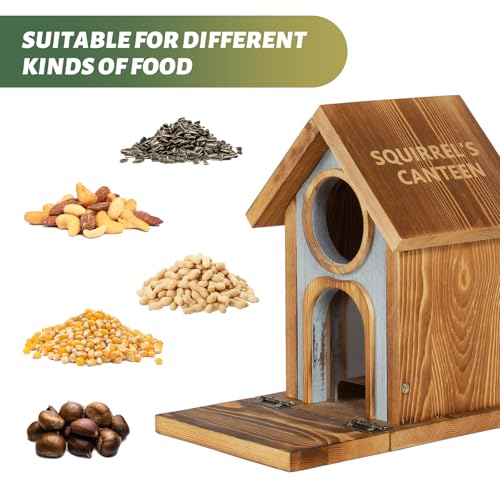 MIXXIDEA Wooden Squirrel Feeder, Large Capacity Squirrels Feeders for Outside, Sturdy Construction, No Assembly Lovely Chipmunk Feeder for Corn, Peanut, Nuts, Chestnuts (Brown-1pk)