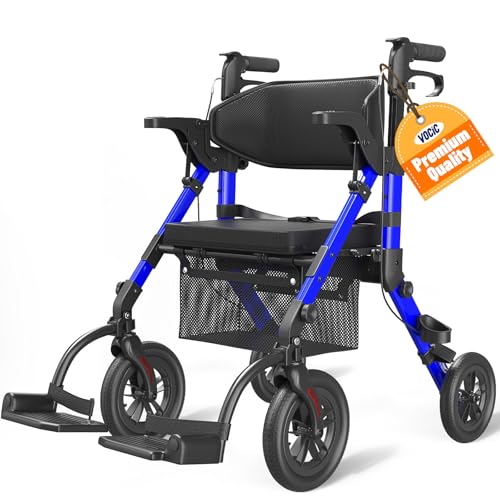 VOCIC Transport-Wheelchair-Lightweight-Foldable, Walker Wheelchair Combo, Rollator-Walkers-for-Seniors-with-Seat, 2 in 1 Rolling Walker, 300lb Adults 4 Wheel Transport Chair w/Brakes & Pouch