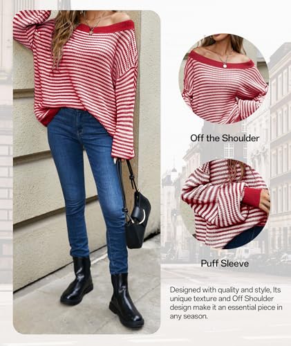 Image of MARZXIN Women's 2026 Fall Long Sleeve Sweaters Casual Loose Striped Off Shoulder Casual Oversized Knitted Sweater Pullovers