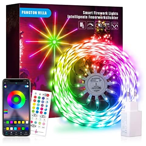 PANGTON VILLA Feuerwerk Led Lichterkette, RGBIC Led Strip mit Fernbedienung, Bluetooth APP-Steuerung Led Feuerwerk Streifen Sync mit Musik für Schlafzimmer, Zimmer, Deko Cover