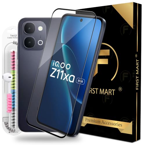 Image of FIRST MART Tempered Glass for iQOO Z11xa, 9H 0.3 mm Full-Glue Screen Protector with Cable Protector, 3D Edge-to-Edge, HD Clear, Case-Friendly, Black, Pack of 1