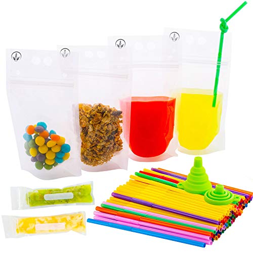 Time Saver Drink Pouches with Double Zipper for Clear Smoothie Bags - Straws and Popsicle Bags and Silicone Funnel +Ebook -176-Pcs| Food and Juice Reusable Container |Disposable and Non-Toxic,BPA Free