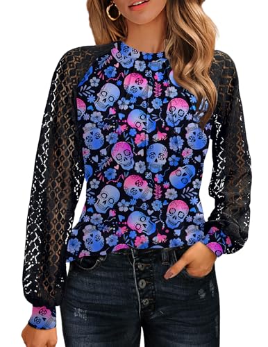 HOTOUCH Halloween Womens Tops Long Sleeve Shirts for Women Round Neck Fall Fashion 2025 Blouses Skull Festival Clothes L