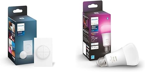 Philips Hue - Interruptor de luz de esfera de pared y bombilla LED inteligente A19 de 75 W, luz blanca y de color que cambia de color, 1 paquete,