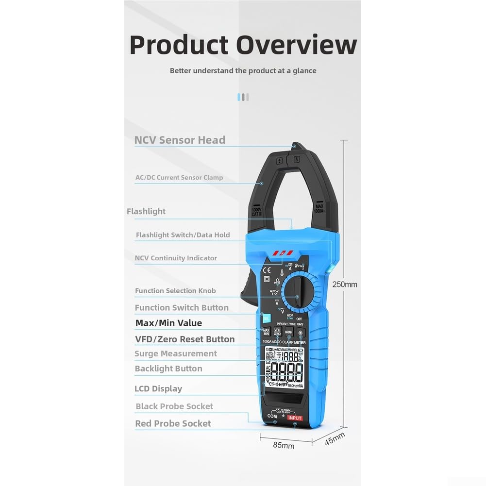 Digitales Zangenmessgerät True RMS 1000 A AC/DC Spannungswiderstand Kapazität Temperatur NCV Erkennung Elektriker Multimeter mit Messleitungen und Gehäuse