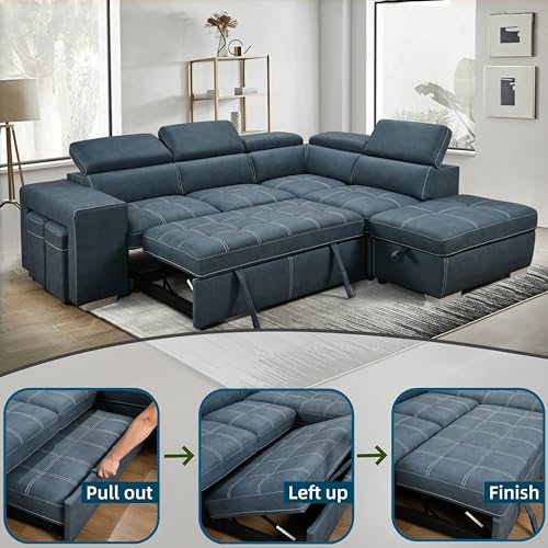 THSUPER 104'' Microfiber L Shaped Sectional Sleeper Sofa Couch with Pull Out Bed and Storage Ottoman, Convertible Couches with Adjustable Headrest for Living Room, Right Facing Chaise. Navy Blue