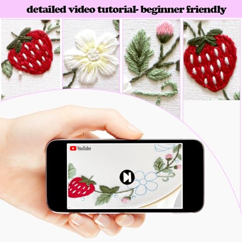 Image of Topapfo Strawberry Embroidery Kit for Beginners Adults, Funny Embroidery Patterns Hoops Thread Needles Tutorials
