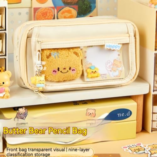 Image of Butter Bear Pencil Case with 9 Layers - ITA Flip-Top Large Capacity Multi-Function Organizer Includes Bonus Items (Beige)