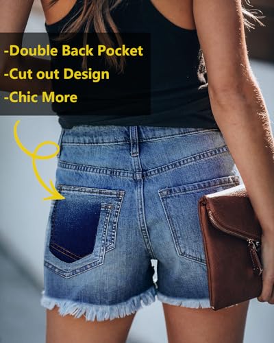 Image of onlypuff Women Denim Shorts Ripped Mid Waisted Jean Shorts with Pockets