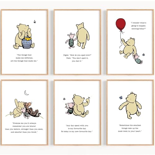 Juego de impresión de citas de Winnie the Pooh, arte de pared clásico de Winnie the Pooh, arte de pared para habitación de niños (A4-21 x 29,7 cm)