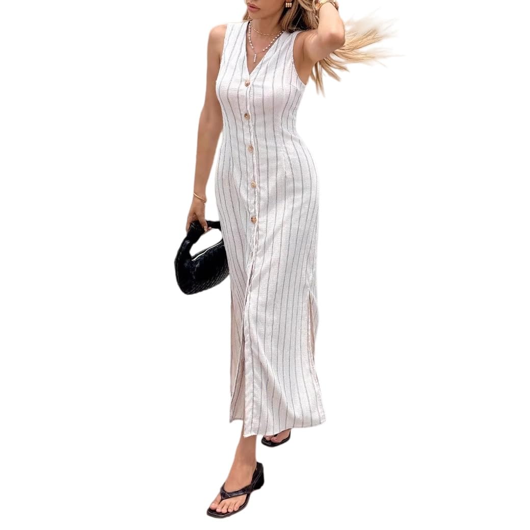 Vestito Donna Abito Lungo A Righe da Donna Senza Maniche con Scollo A V Abbottonatura Frontale con Spacco Laterale vestibilità Aderente Righe Bianche Abiti Estivi da Donna Abiti Lunghi D