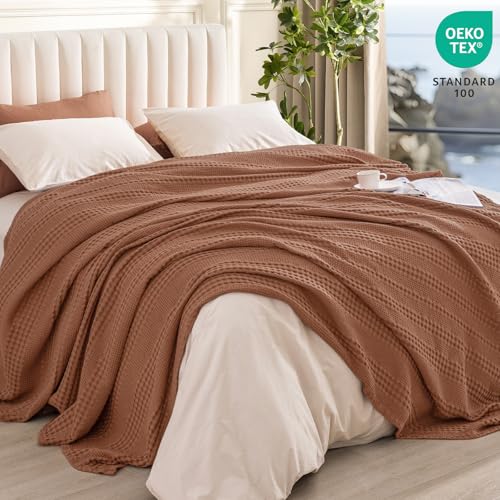PHF Cooling Waffle Blanket King Size, Lightweight 60% Rayon Derived from Bamboo & 40% Cotton Breathable Blanket for Hot Sleepers, Soft and Luxury for Bed Couch and Sofa, 104"x90", Burnt Umber