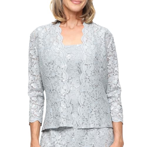 Image of S.L. Fashions Women's Tea Length Sequin Lace Mother of The Bride Dress with Illusion Sleeve Jacket