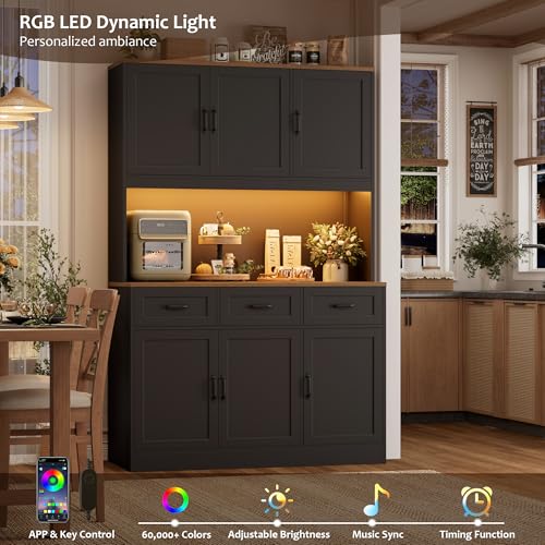 Image of HOSTACK Kitchen Pantry Cabinet, Tall Kitchen Hutch Cabinet, Black /Brown | 47 inchW Food Pantry Cabinet with Smart LED / Charging Station / Countertop / 3 Large Drawers, 72 inchH Storage Hutch for Dining Room