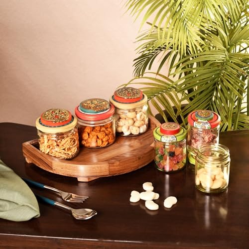 Image of AAKRITI ART CREATIONS Rainbow Pickle Jars with Handcrafted Wood Lids in Round Tray | Warli Art Colorful Glass Jar Set for Kitchen and Dining | Glossy Finish Airtight Storage Jars