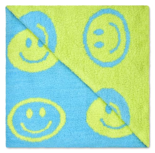 iscream Silky Soft Cozy Knit 56 x 60 Reversible Throw Blanket - Smiley Face Lime & Turquoise