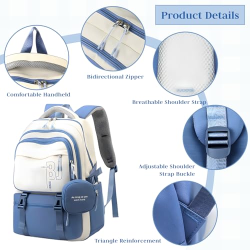 FWQPRA Girls Blue Backpack with Zipper Pouch - Image 4