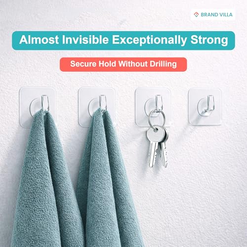 Image of BRAND VILLA Adhesive Wall Hooks Heavy Duty, Waterproof No Drill Clear Sticky Hooks for Bathroom Kitchen Shower, Strong Self Adhesive Hooks for Towels, Utensils, Keys - Damage-Free (20 Pack)