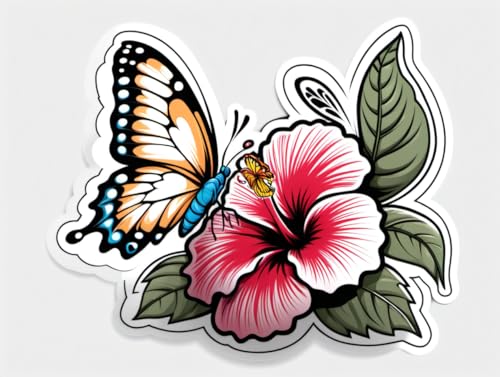 Image of Butterfly Hibiscus Flower Sticker Tropical Floral Vinyl Decal Waterproof Aesthetic Butterfly Flower Sticker for Laptop Water Bottle Car Bumper Notebook Cute Nature Gift