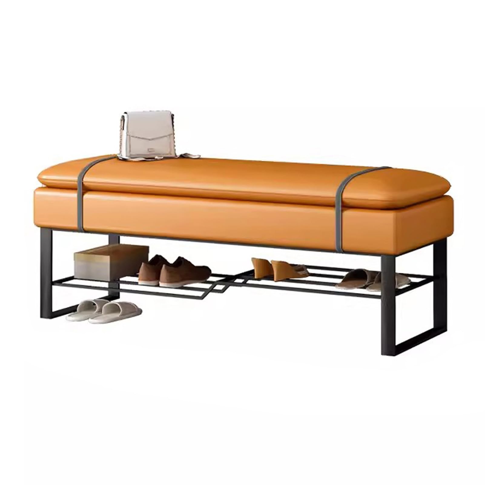 Banc à chaussures en métal noir à 2 niveaux et assise cuir PU pour entrée
