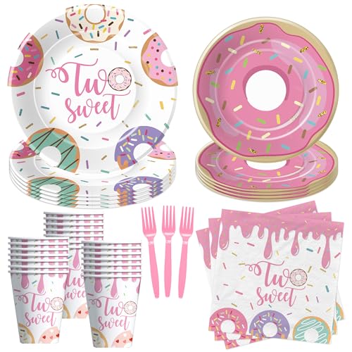 APOWBLS Donut Two Sweet Birthday Plates And Napkins Party Supplies Girls - Pink Donut 2nd Birthday Decorations Tableware, Paper Plate, Cup, Napkin, Fork | Serves 24