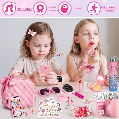 Hohosunlar Kinder Handtasche, Prinzessinnen Tasche mit Spielzeug Schminke, Einhorn DIY Wasserflasche mit Aufklebern, Spieltelefon, Schlüssel, Weihnachten Geburtstagsgeschenk Mädchen 3 4 5 6 7 8 Jahre