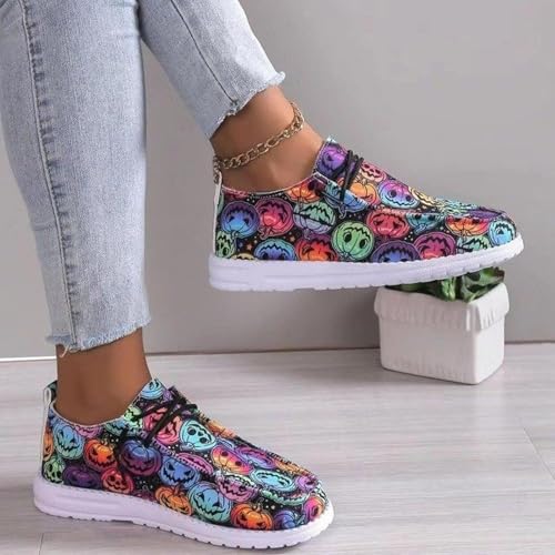 Women's Fashion Halloween Canvas Sneakers 2025,Halloween Pumpkin Ghost Print Flat Sports Shoes for Women, Slip-On Flats Low Top Lace up Walking Breathable Comfortable Canvas Sneakers3