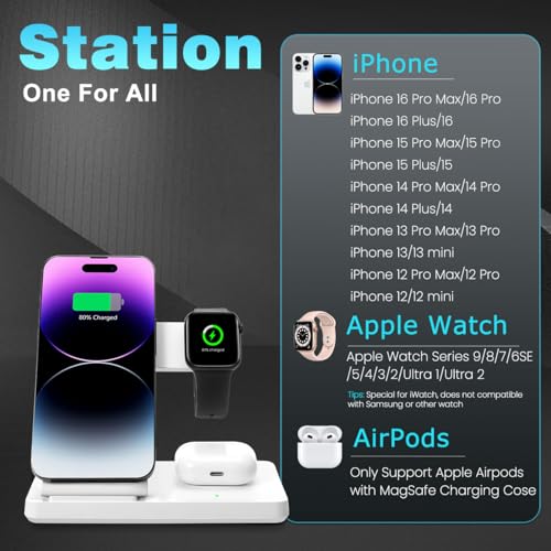 Magnetic 3 in 1 Charging Station for Multiple Devices,Mag-Safe Wireless Charger for iWatch & Airpods Pro 3 2, Foldable Charging Stand Dock for iPhone 12-16 Series with Adapter(White) by ROVXEMES - Used condition - Image 3