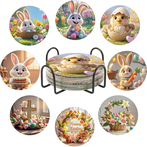 Product Image of the UPINS 8 Pieces Easter Diamond Art Coasters,Bunnies Diamond Art Coaster for Adults Diamond Kits Supplies for Spring Easter Gift
